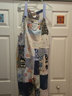Patchwork Floral Striped Overalls - Blue, White, Navy